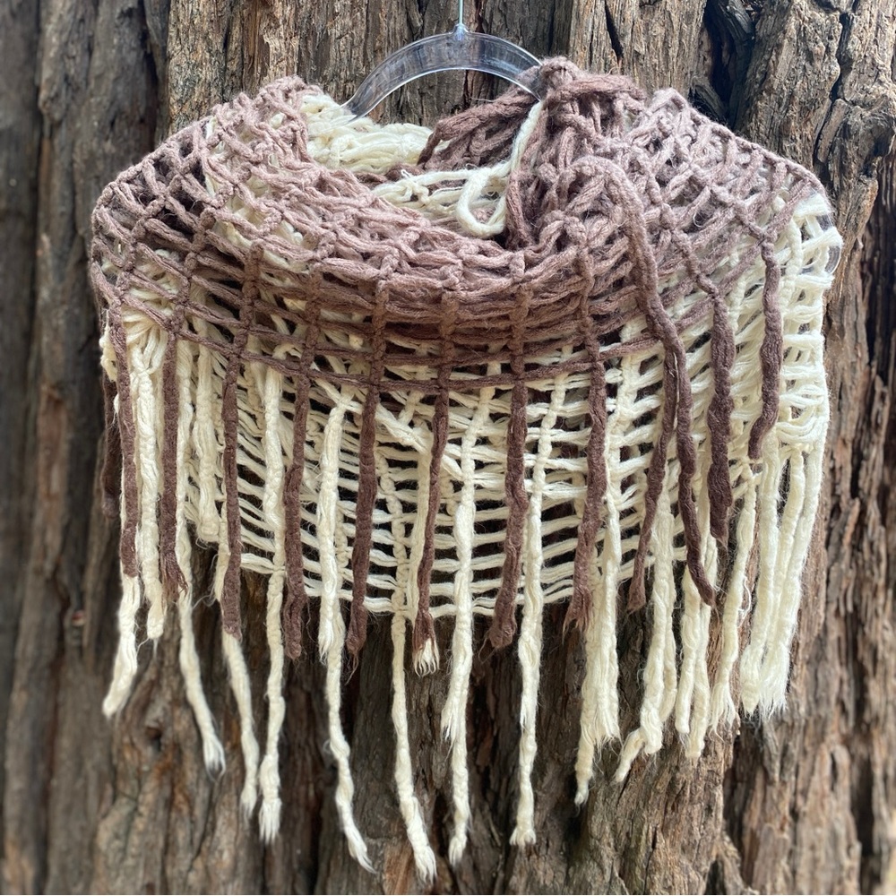 Hand Knit Fringe Infinity Fringe Scarf OS Brown Nude Gradient